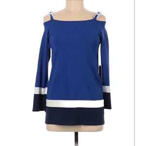 New $185 Etcetera Pullover Top Blue Tricolor Rayon Cold Shoulder Sleeve XS